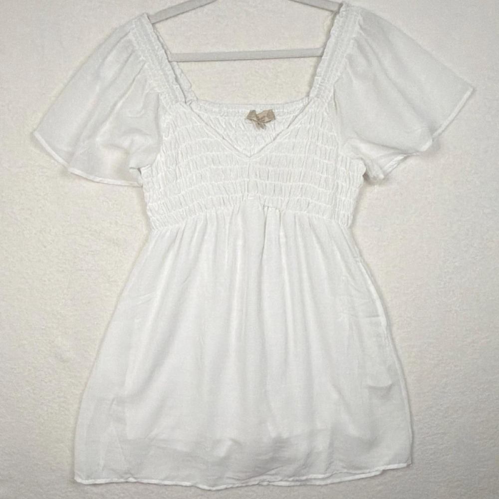 White cottagecore milkmaid romper dress puff sleeves, babydoll top, prairie